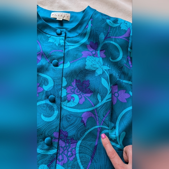 Vintage Adrianna Papell 100% Silk Teal Purple Floral Blouse Jacket Size 12 - Picture 11 of 16